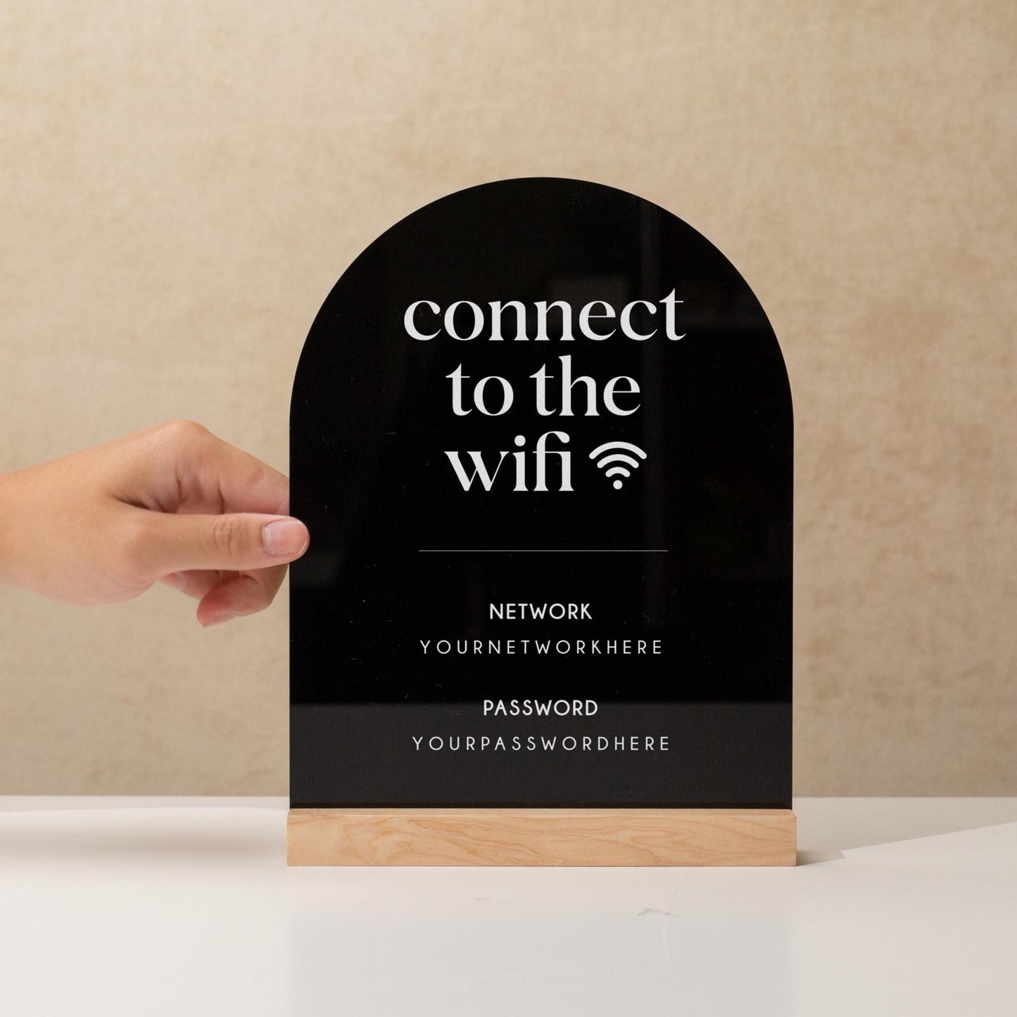 Arch Acrylic Wifi Sign w/ Base (D8) - Custom Wifi Password Display for Home Office Business Shop Airbnb Rental Decor Visitor Login Printed