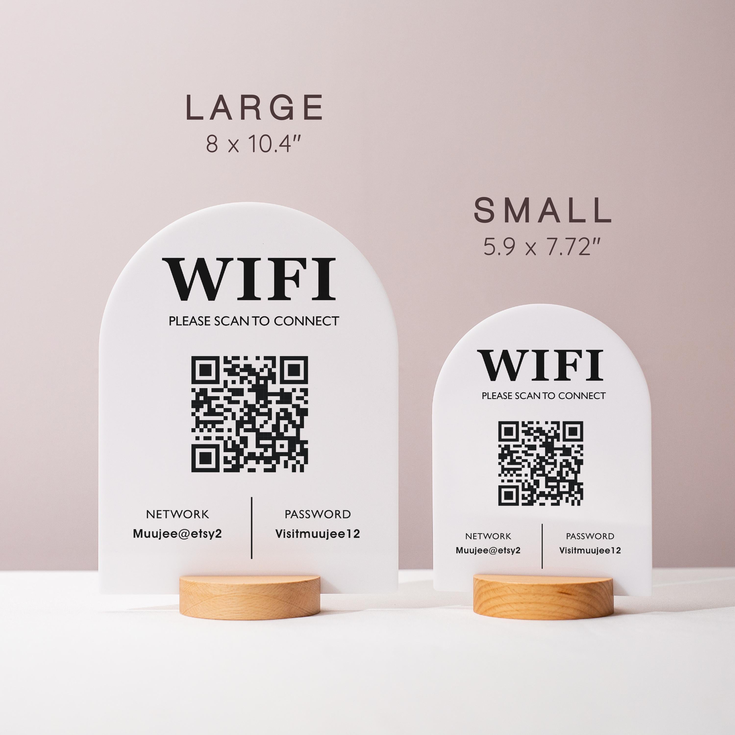 QR Code Wifi Arch Acrylic Sign w/ Round Base (D3) - Scannable Wifi Table Sign Home Airbnb Rental Small Business Office Salon Clinic 6x7.75"