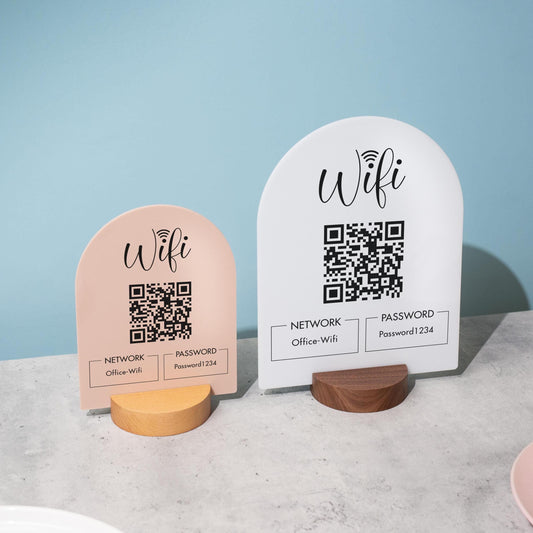 QR Code Wifi Arch Acrylic Sign w/ Round Base (D4) - Scannable Wifi Table Sign Home Airbnb Rental Small Business Office Salon Spa Clinic