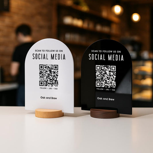 QR Arch Acrylic Sign w/ Round Base (D6) - Scannable QR Code Social Media Instagram Venmo Cashapp, Scan any Website or Business Payment App
