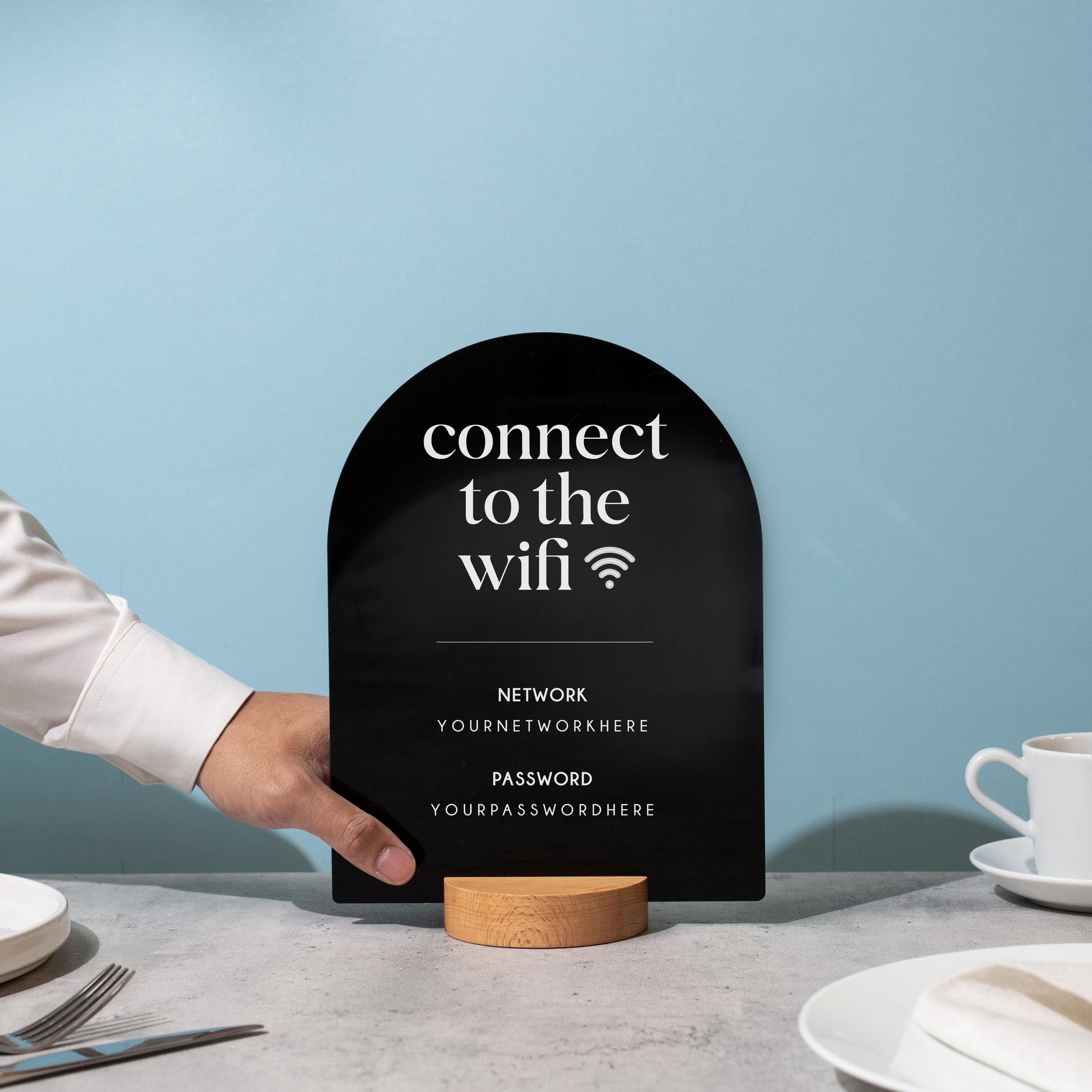 Arch Acrylic Wifi Sign w/ Round Base (D8) - Custom Wifi Password Display for Home Office Business Shop Airbnb Rental Decor Visitor Login