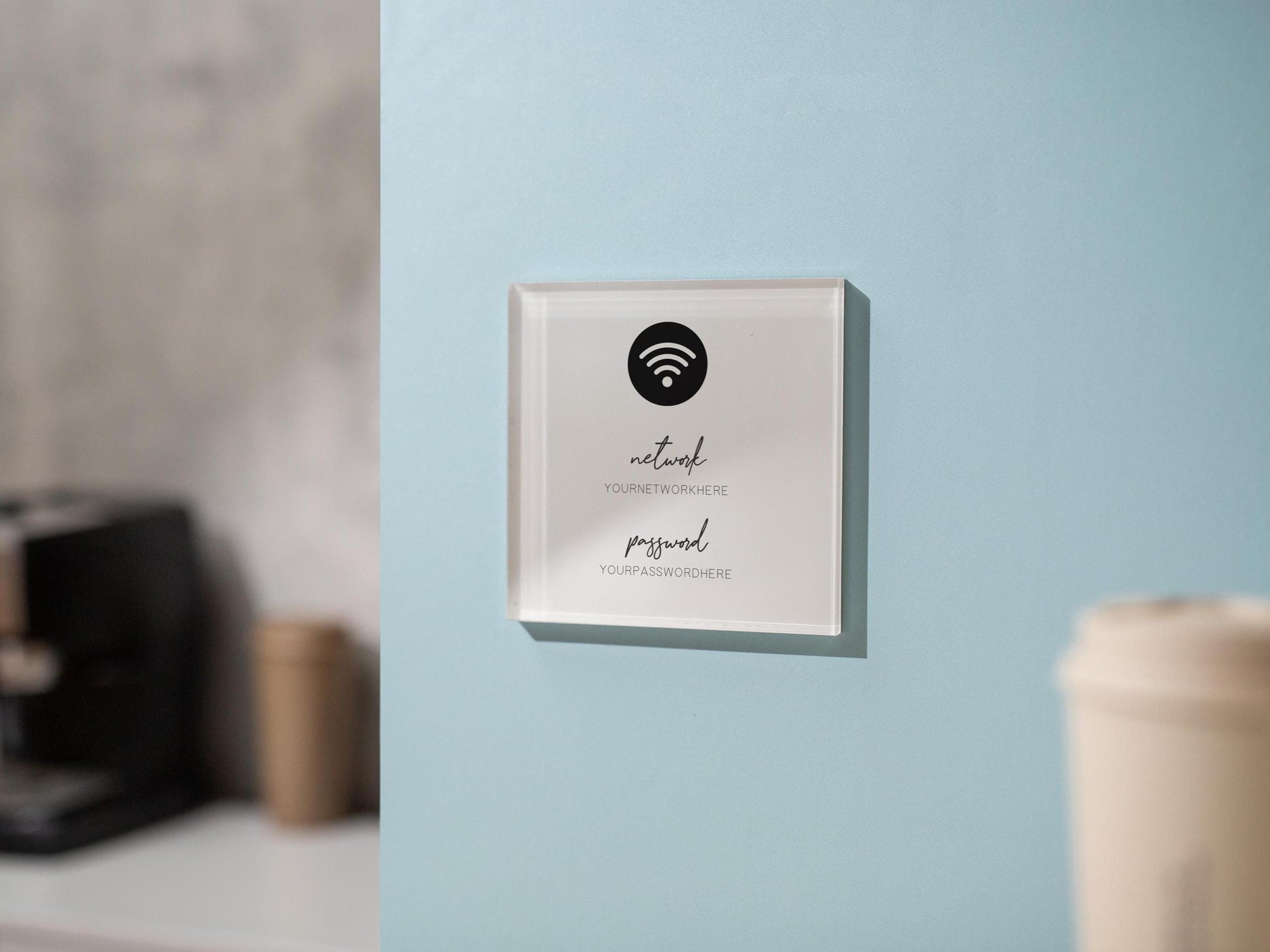 Square Pastel Wifi Sign (D1) – 6×6" Stick-On WiFi Password Sign, Minimal Wall Display for Small Business, Coffee Shop, Salon, Restaurant