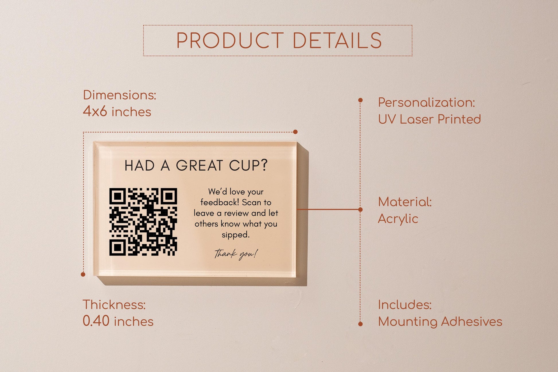 4x6 Pastel Acrylic Wall QR Sign (D3) - Your Text On Wall Sign Custom Stick-On Signage for Guests Shop Office Business Instagram Tip Reviews