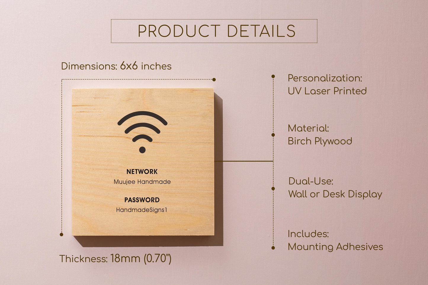 6x6" Square Birch Plywood Wifi Sign (D3) - Custom Wood Internet Password Signage Wall or Table Display Business Office Shop Salon Bar Cafe