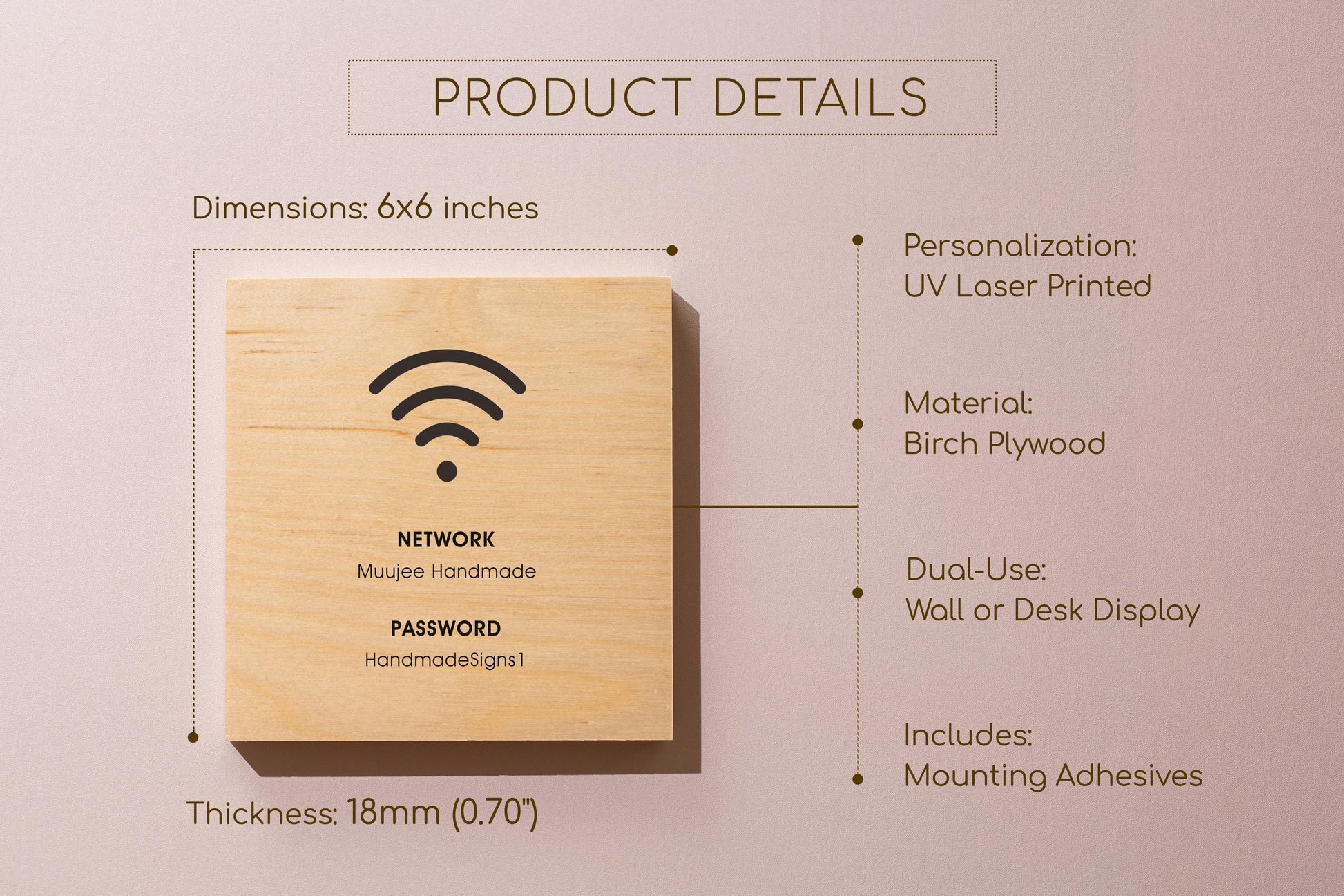 6x6" Square Birch Plywood Wifi Sign (D3) - Custom Wood Internet Password Signage Wall or Table Display Business Office Shop Salon Bar Cafe