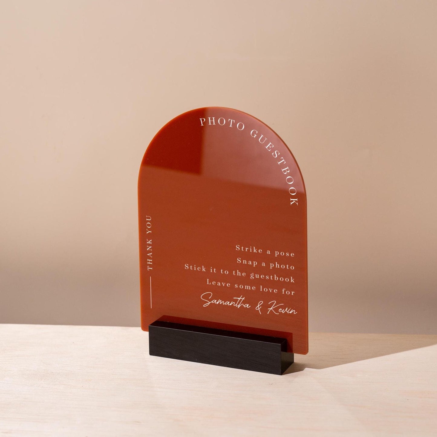 Arch Acrylic Sign w/ Base (D1) - Please Sign Our Photo Guestbook Table Decor Signage, Polaroid Photobooth Display, Wood or Acrylic Stand