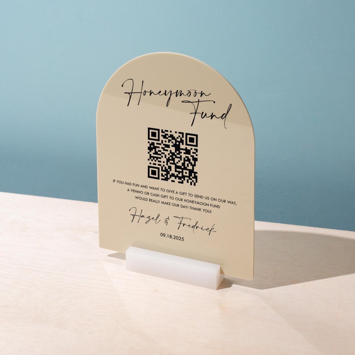 Honeymoon Fund QR Arch Acrylic Sign w/ Base (D2) - Scannable QR Code Venmo Zola Cashapp Donation Gift Wedding Reception Party
