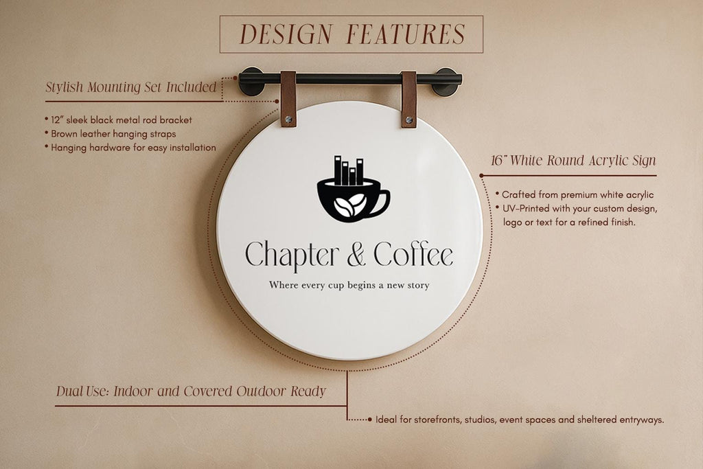 16" Round White Acrylic Sign w/ Mounting Fixtures (D1) - Custom hanging window signage for office rental door small business beauty salon