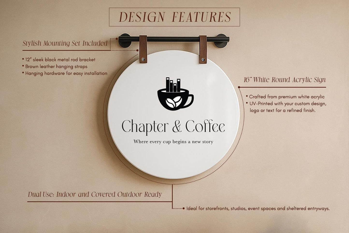 16" Round White Acrylic Sign w/ Mounting Fixtures (D1) - Custom hanging window signage for office rental door small business beauty salon