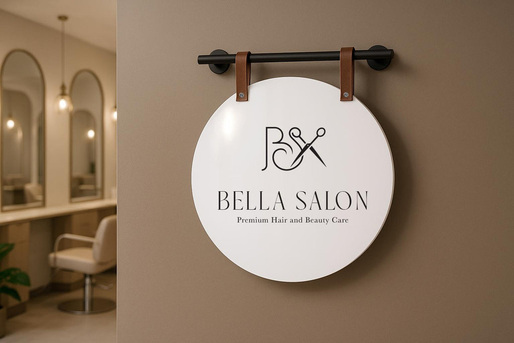 16" Round White Acrylic Sign w/ Mounting Fixtures (D1) - Custom hanging window signage for office rental door small business beauty salon