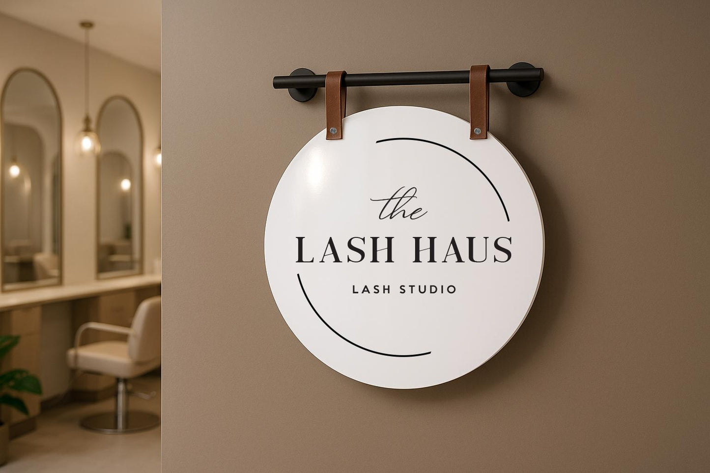 16" Round White Acrylic Sign w/ Mounting Fixtures (D2) - Custom hanging window signage for office rental door small business beauty salon
