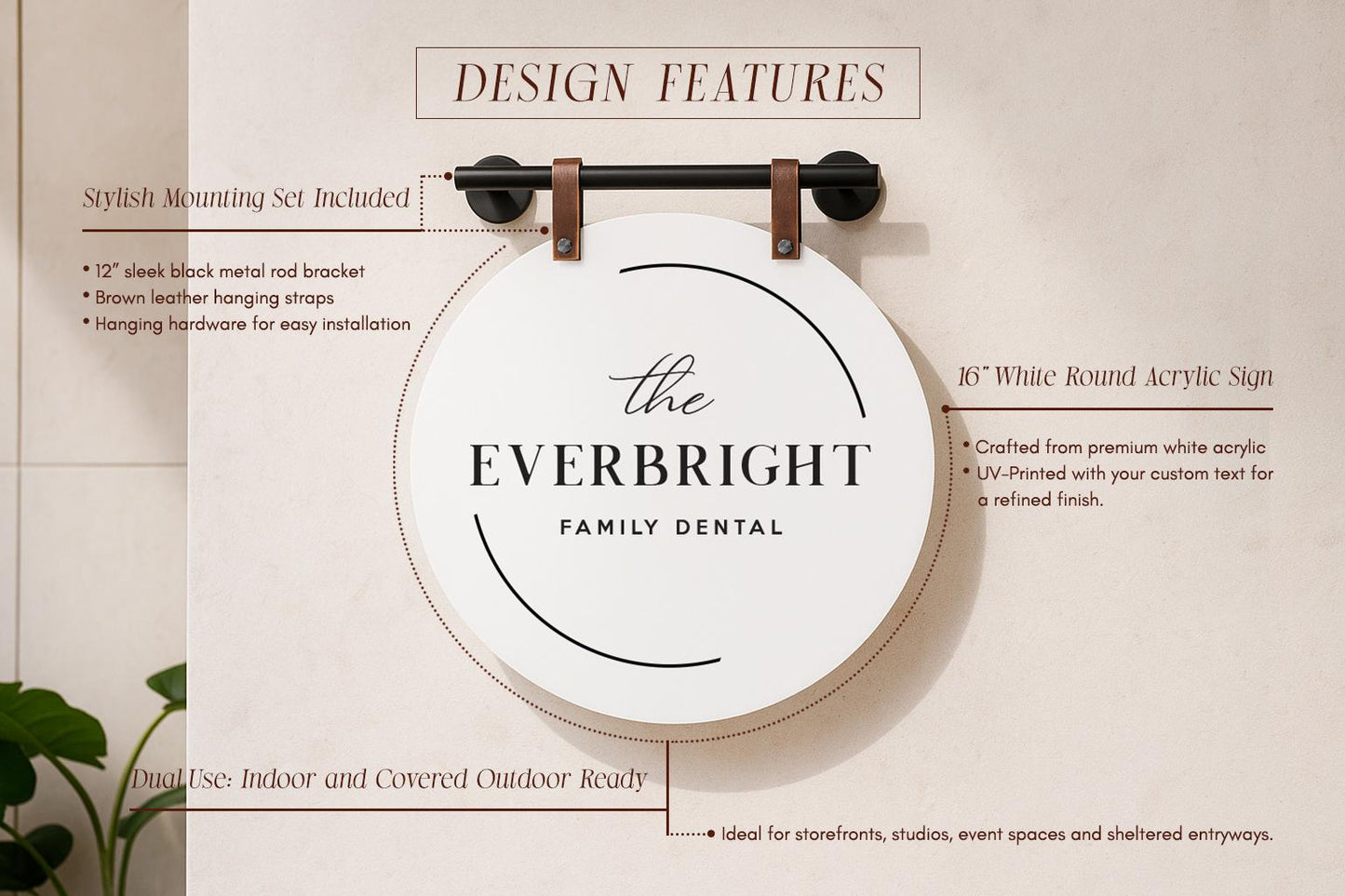 16" Round White Acrylic Sign w/ Mounting Fixtures (D2) - Custom hanging window signage for office rental door small business beauty salon