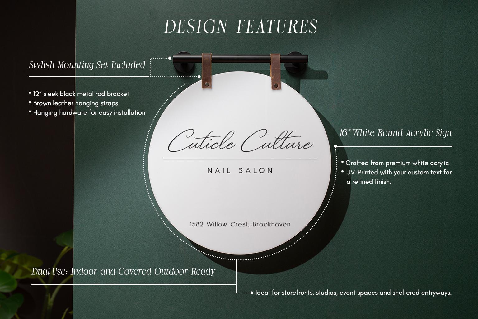 16" Round White Acrylic Sign w/ Mounting Fixtures (D3) - Custom hanging window signage for office rental door small business beauty salon