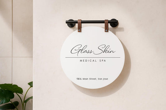 16" Round White Acrylic Sign w/ Mounting Fixtures (D3) - Custom hanging window signage for office rental door small business beauty salon