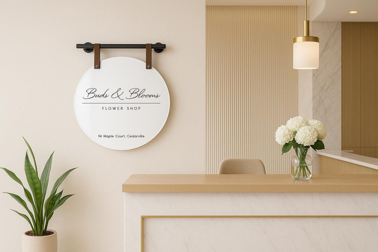 16" Round White Acrylic Sign w/ Mounting Fixtures (D3) - Custom hanging window signage for office rental door small business beauty salon