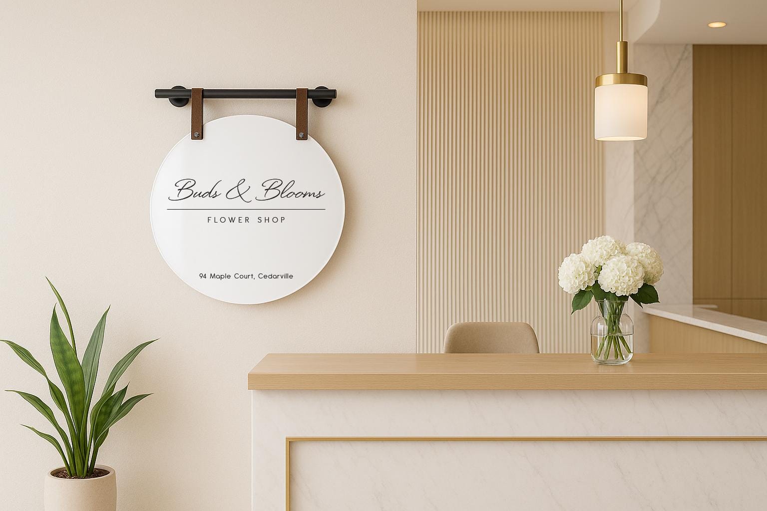 16" Round White Acrylic Sign w/ Mounting Fixtures (D3) - Custom hanging window signage for office rental door small business beauty salon