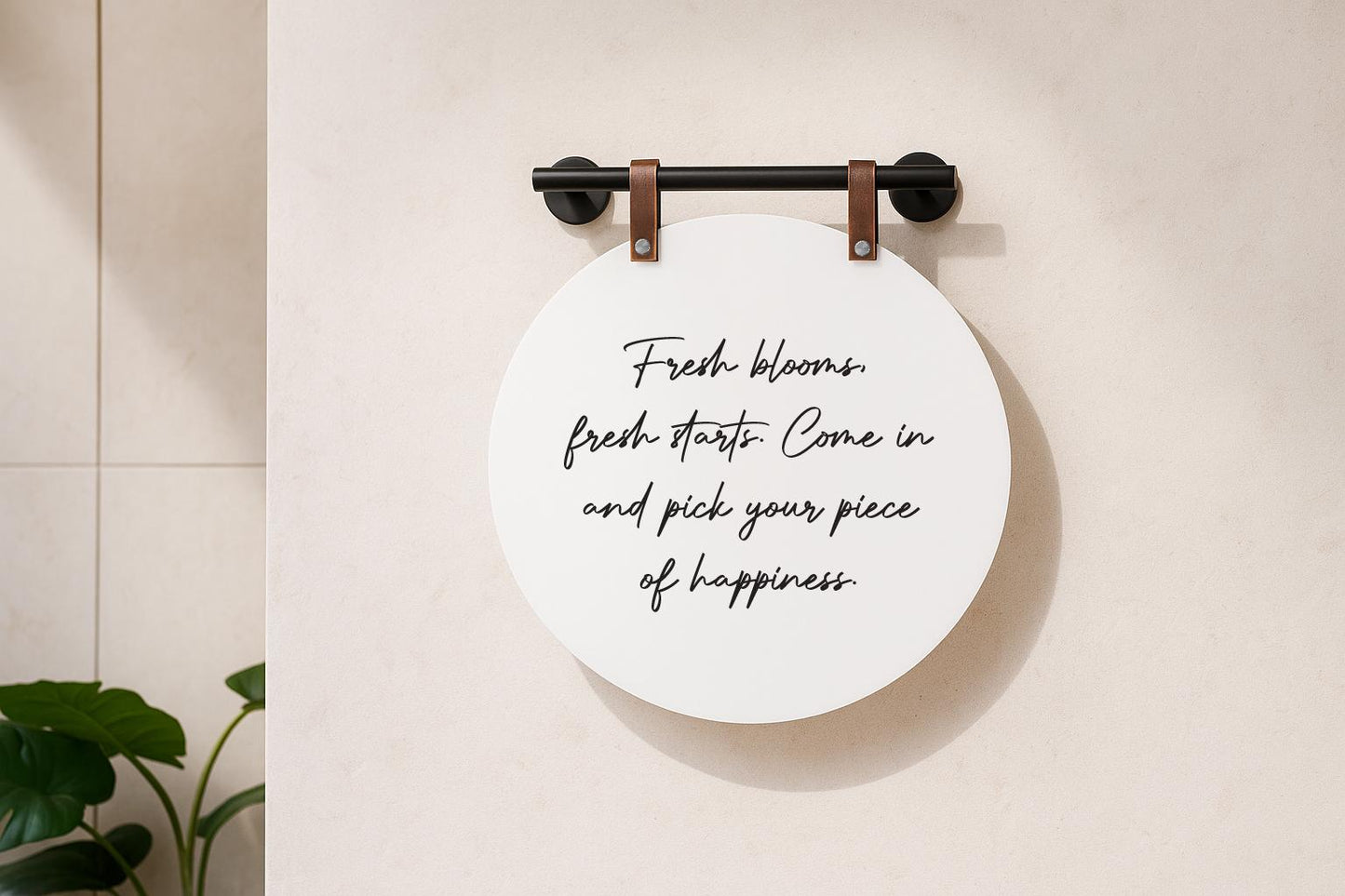 16" Round White Acrylic Sign w/ Mounting Fixtures (D4) - Custom hanging window signage for office rental door small business beauty salon