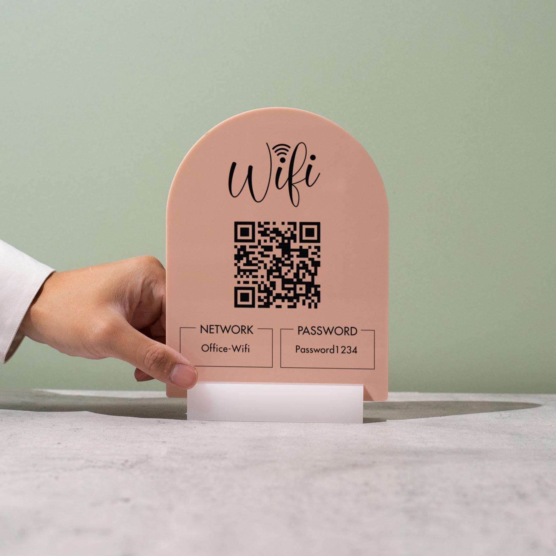 QR Code Wifi Arch Acrylic Sign w/ Base (D4) - Scannable Wifi Table Sign Home Airbnb Rental Small Business Office Salon Spa Clinic