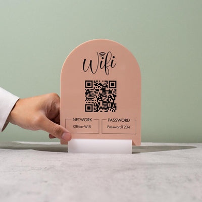 QR Code Wifi Arch Acrylic Sign w/ Base (D4) - Scannable Wifi Table Sign Home Airbnb Rental Small Business Office Salon Spa Clinic