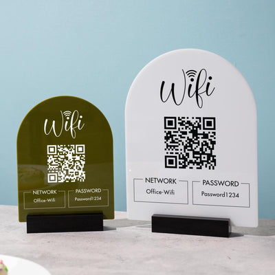 QR Code Wifi Arch Acrylic Sign w/ Base (D4) - Scannable Wifi Table Sign Home Airbnb Rental Small Business Office Salon Spa Clinic
