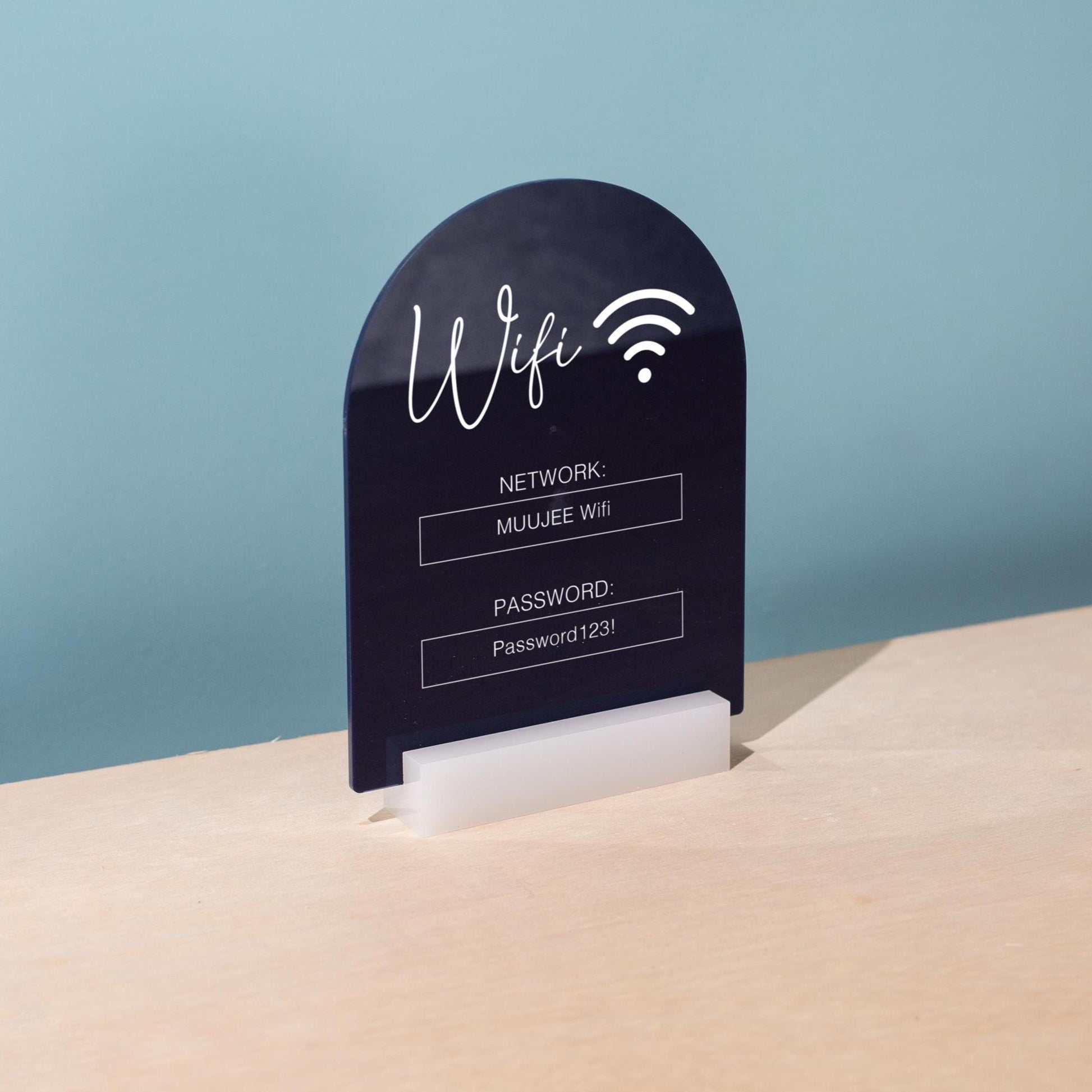 Arch Acrylic Wifi Sign w/ Base (D5) - Custom Wifi Password Display Home Office Business Shop Airbnb Rental Decor Visitor Reception
