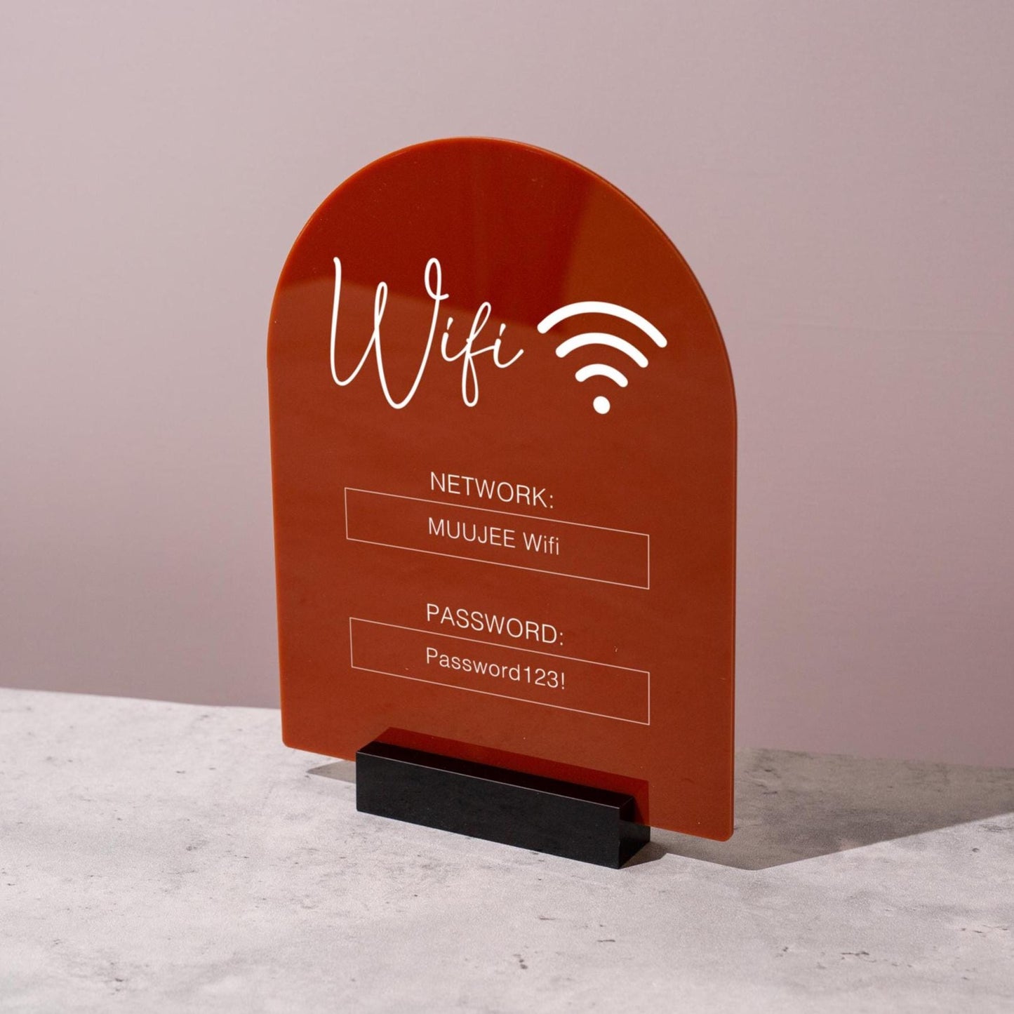 Arch Acrylic Wifi Sign w/ Base (D5) - Custom Wifi Password Display Home Office Business Shop Airbnb Rental Decor Visitor Reception