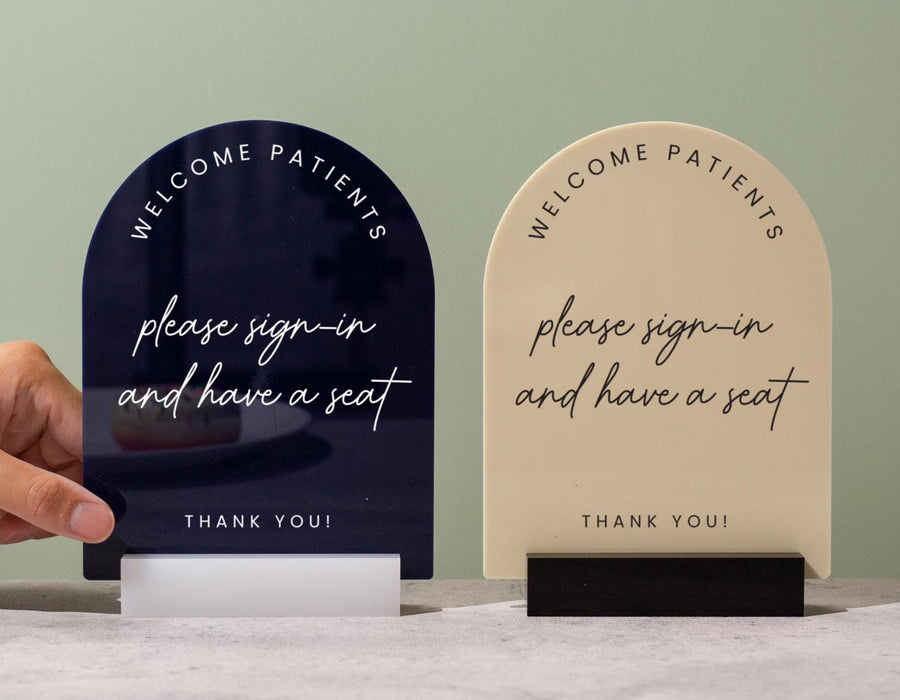 Arch Acrylic Sign w/ Base (D9) - Custom Signage for Business Clinic Office Retail Shops Trade Craft Show Salon, Wood or Acrylic Stand