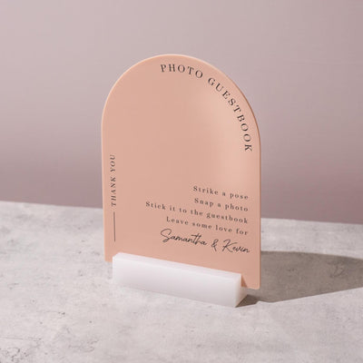 Arch Acrylic Sign w/ Base (D1) - Please Sign Our Photo Guestbook Table Decor Signage, Polaroid Photobooth Display, Wood or Acrylic Stand