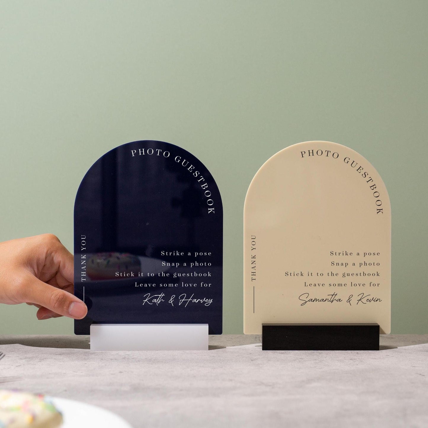 Arch Acrylic Sign w/ Base (D1) - Please Sign Our Photo Guestbook Table Decor Signage, Polaroid Photobooth Display, Wood or Acrylic Stand