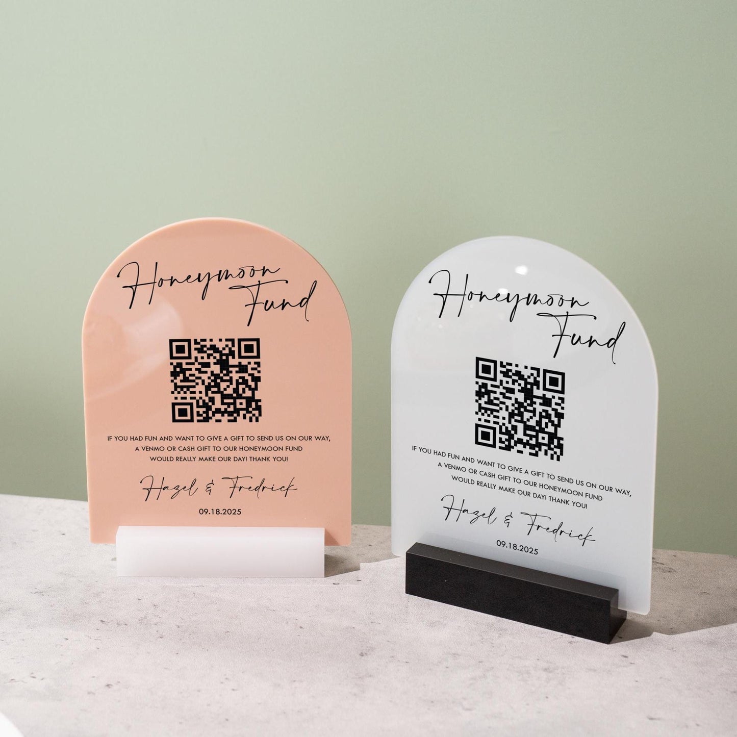 Honeymoon Fund QR Arch Acrylic Sign w/ Base (D2) - Scannable QR Code Venmo Zola Cashapp Donation Gift Wedding Reception Party