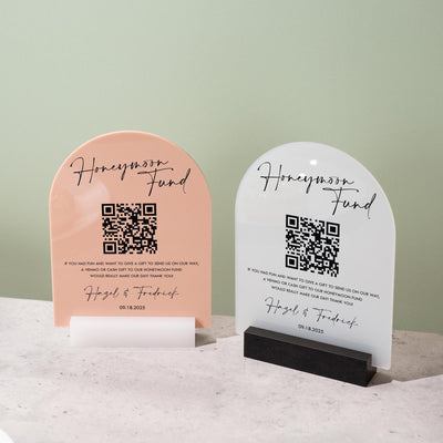 Honeymoon Fund QR Arch Acrylic Sign w/ Base (D2) - Scannable QR Code Venmo Zola Cashapp Donation Gift Wedding Reception Party