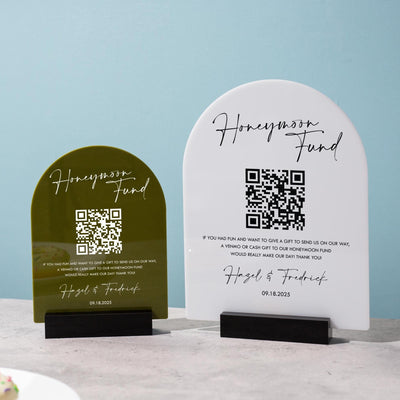 Honeymoon Fund QR Arch Acrylic Sign w/ Base (D2) - Scannable QR Code Venmo Zola Cashapp Donation Gift Wedding Reception Party