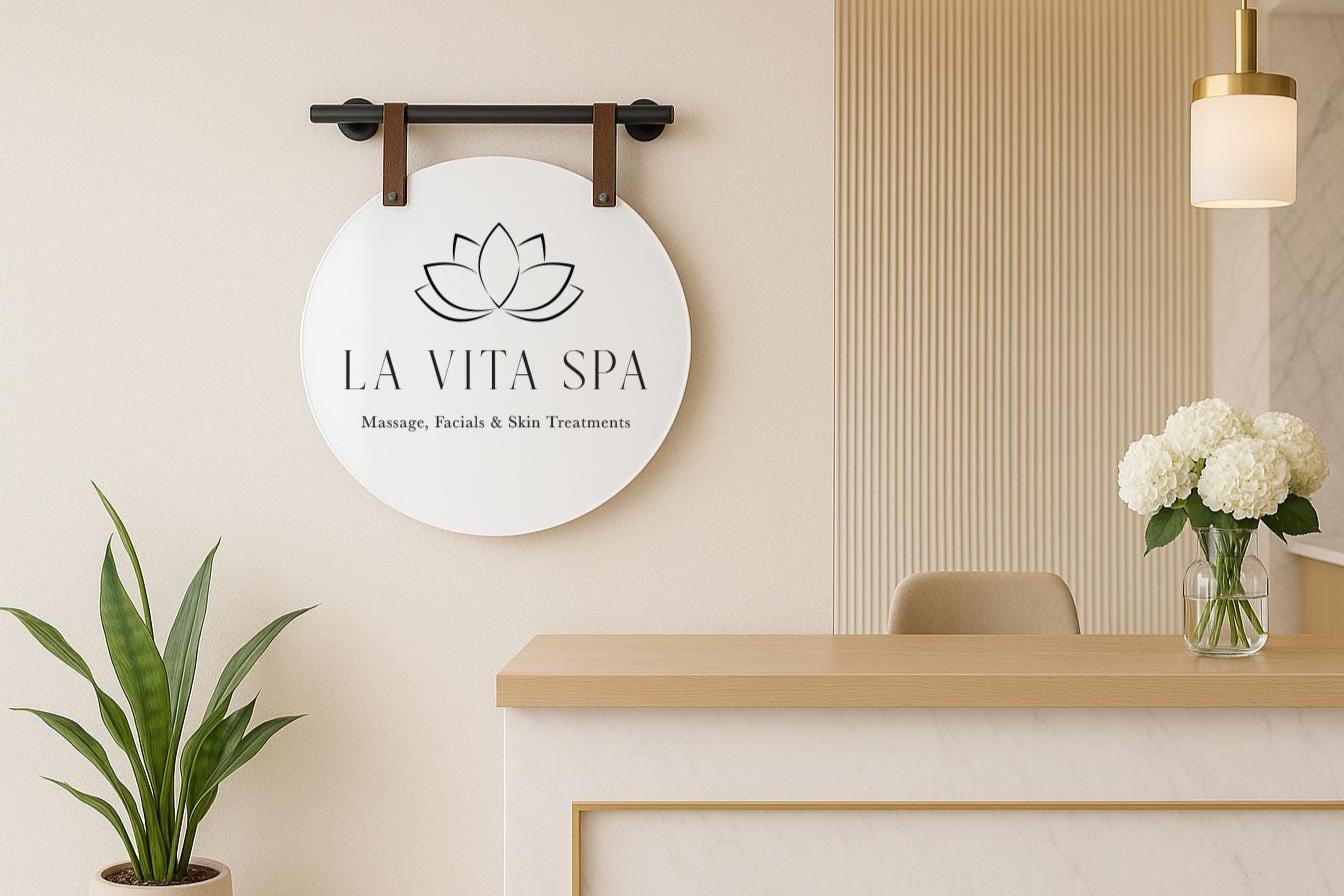 16" Round White Acrylic Sign w/ Mounting Fixtures (D1) - Custom hanging window signage for office rental door small business beauty salon