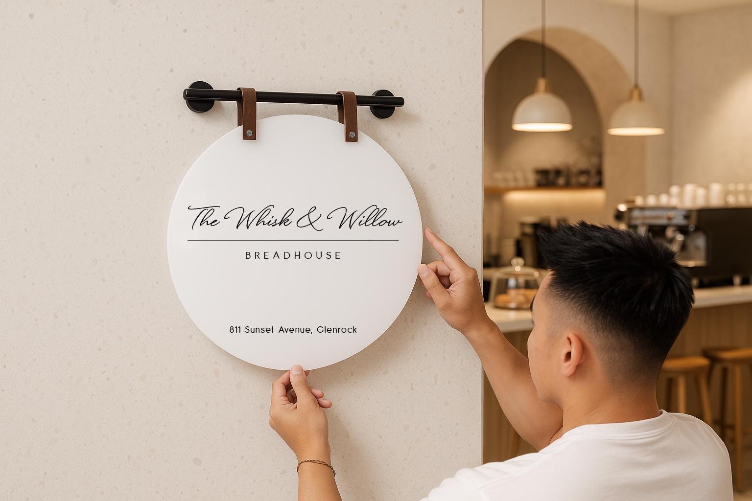 16" Round White Acrylic Sign w/ Mounting Fixtures (D3) - Custom hanging window signage for office rental door small business beauty salon