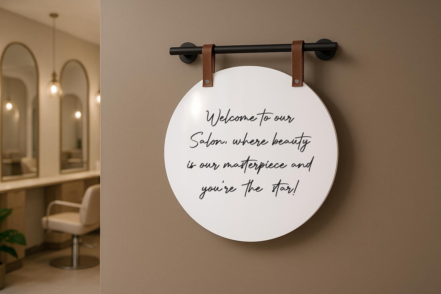 16" Round White Acrylic Sign w/ Mounting Fixtures (D4) - Custom hanging window signage for office rental door small business beauty salon