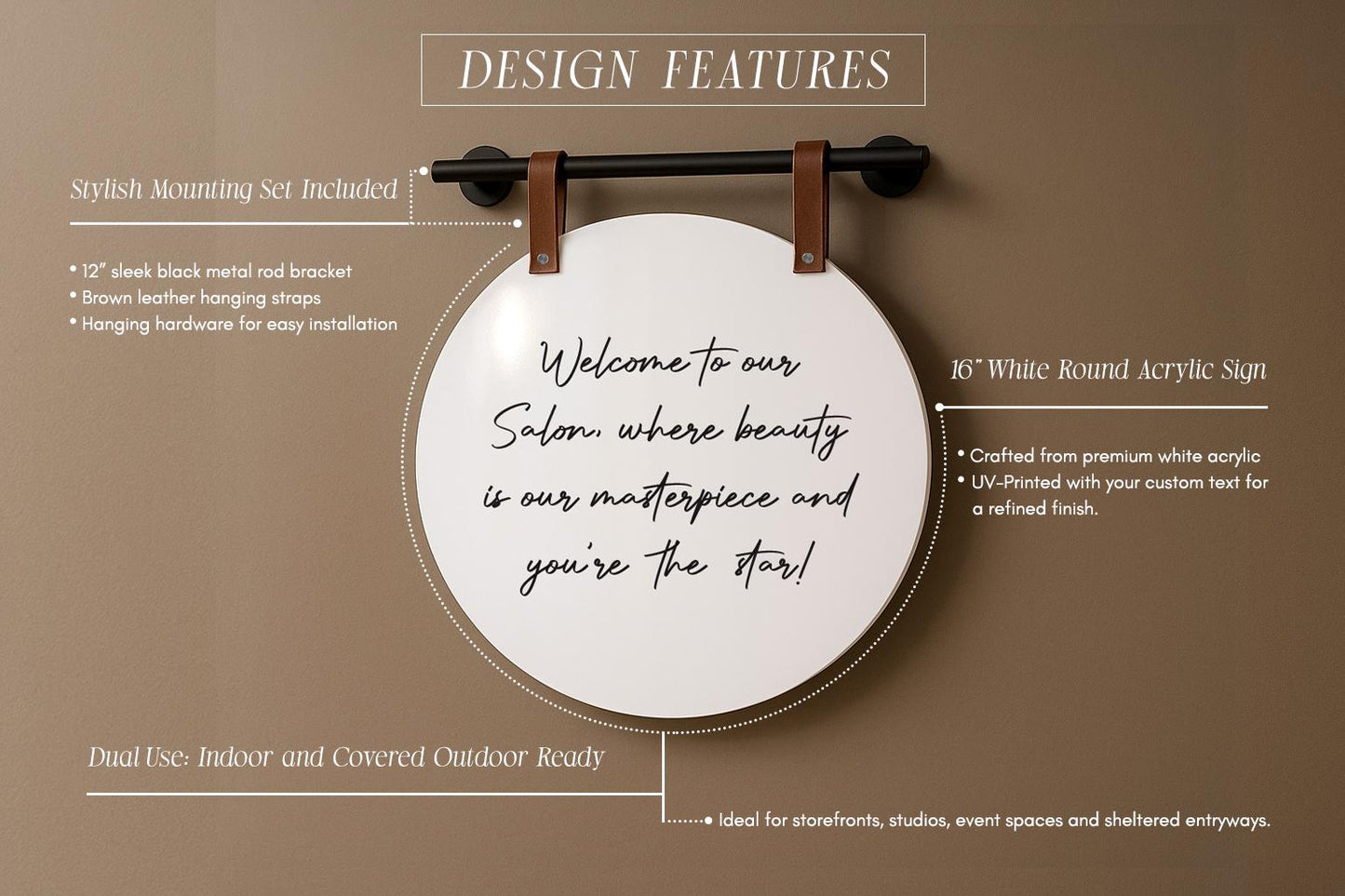 16" Round White Acrylic Sign w/ Mounting Fixtures (D4) - Custom hanging window signage for office rental door small business beauty salon