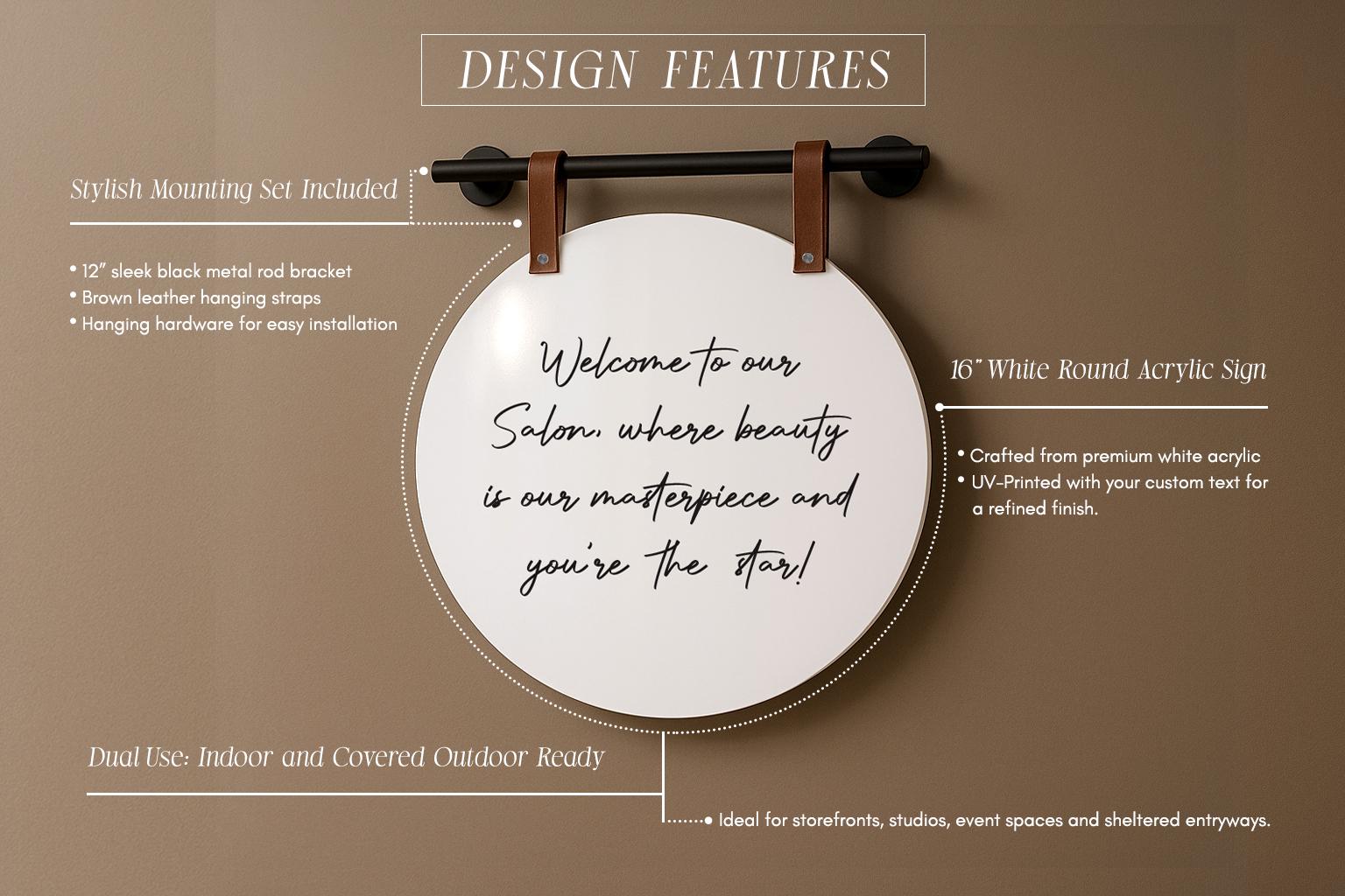 16" Round White Acrylic Sign w/ Mounting Fixtures (D4) - Custom hanging window signage for office rental door small business beauty salon