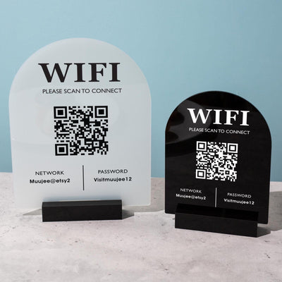 QR Code Wifi Arch Acrylic Sign w/ Base (D3) - Scannable Wifi Table Sign Home Airbnb Rental Small Business Office Salon Spa Clinic 6x7.75"