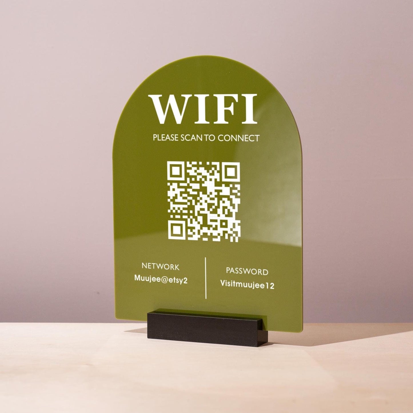 QR Code Wifi Arch Acrylic Sign w/ Base (D3) - Scannable Wifi Table Sign Home Airbnb Rental Small Business Office Salon Spa Clinic 6x7.75"