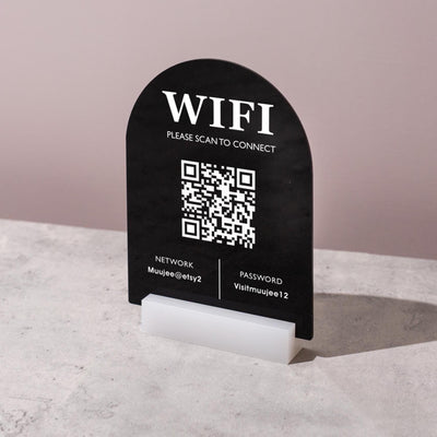 QR Code Wifi Arch Acrylic Sign w/ Base (D3) - Scannable Wifi Table Sign Home Airbnb Rental Small Business Office Salon Spa Clinic 6x7.75"