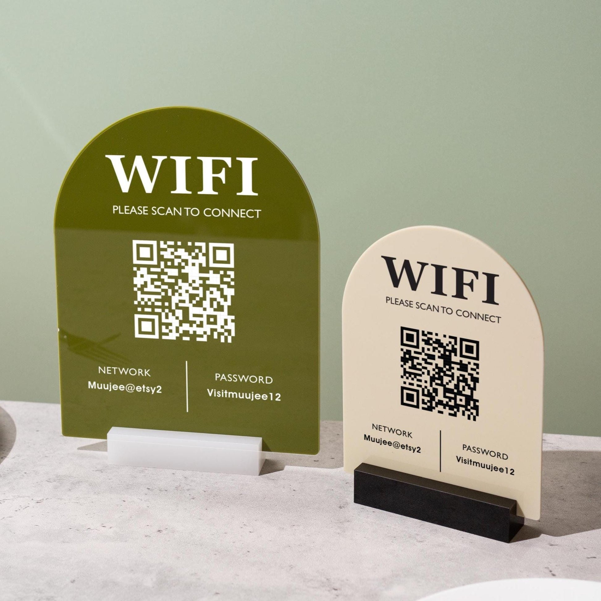 QR Code Wifi Arch Acrylic Sign w/ Base (D3) - Scannable Wifi Table Sign Home Airbnb Rental Small Business Office Salon Spa Clinic 6x7.75"