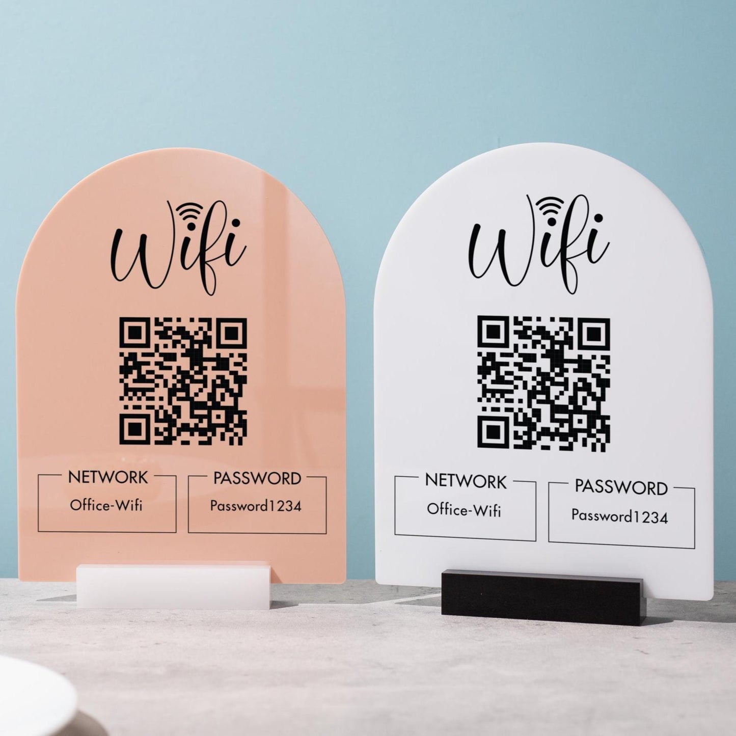 QR Code Wifi Arch Acrylic Sign w/ Base (D4) - Scannable Wifi Table Sign Home Airbnb Rental Small Business Office Salon Spa Clinic