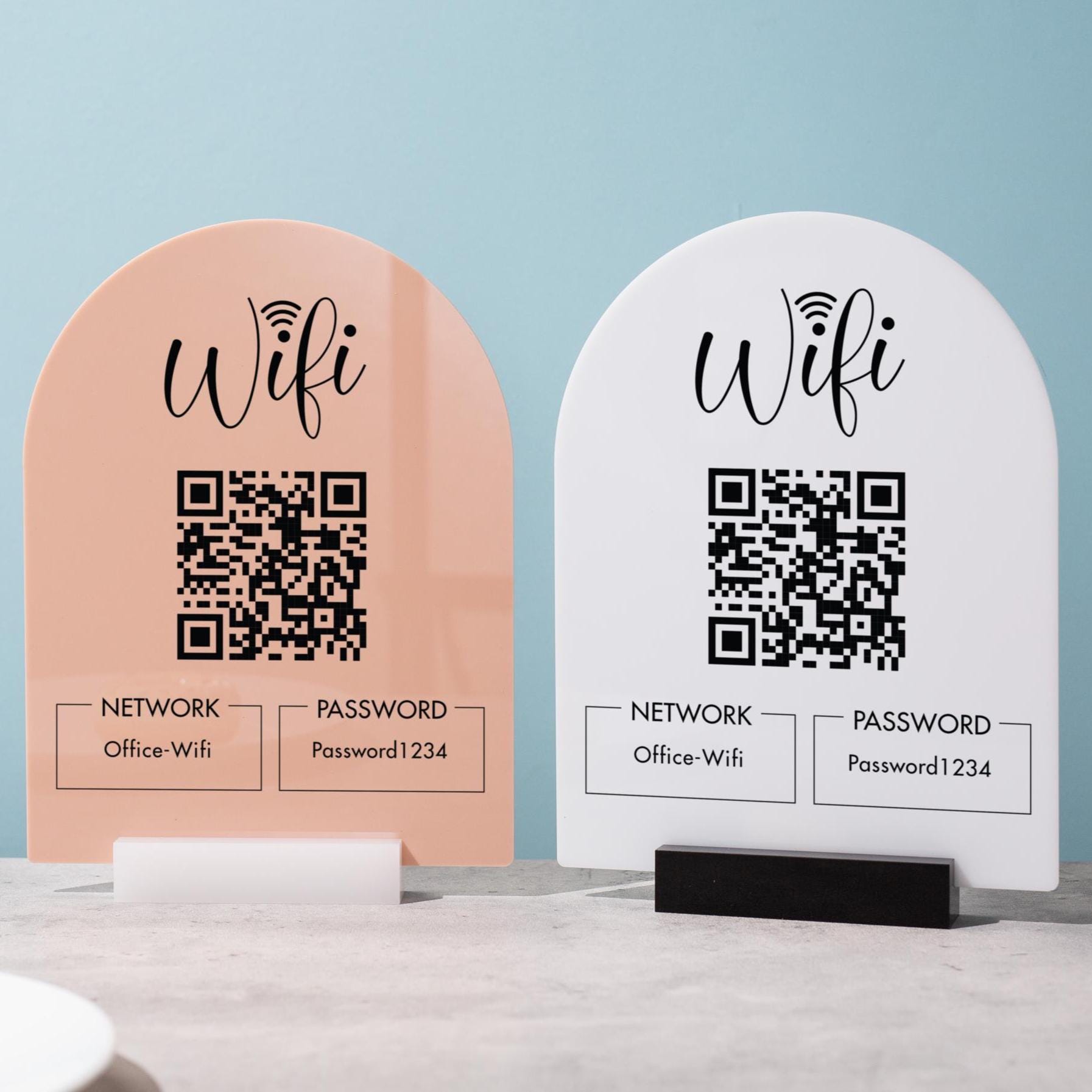 QR Code Wifi Arch Acrylic Sign w/ Base (D4) - Scannable Wifi Table Sign Home Airbnb Rental Small Business Office Salon Spa Clinic