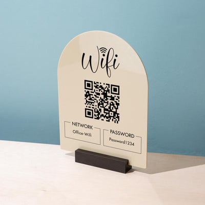 QR Code Wifi Arch Acrylic Sign w/ Base (D4) - Scannable Wifi Table Sign Home Airbnb Rental Small Business Office Salon Spa Clinic