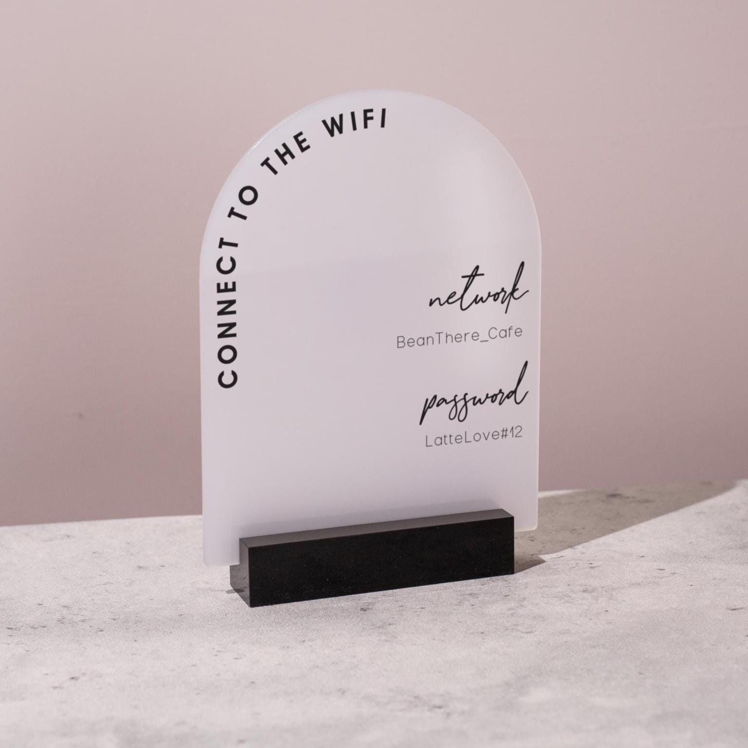 Arch Acrylic Wifi Sign w/ Base (D7) - Custom Wifi Password Display for Home Office Business Shop Airbnb Rental Decor Visitor Login Printed