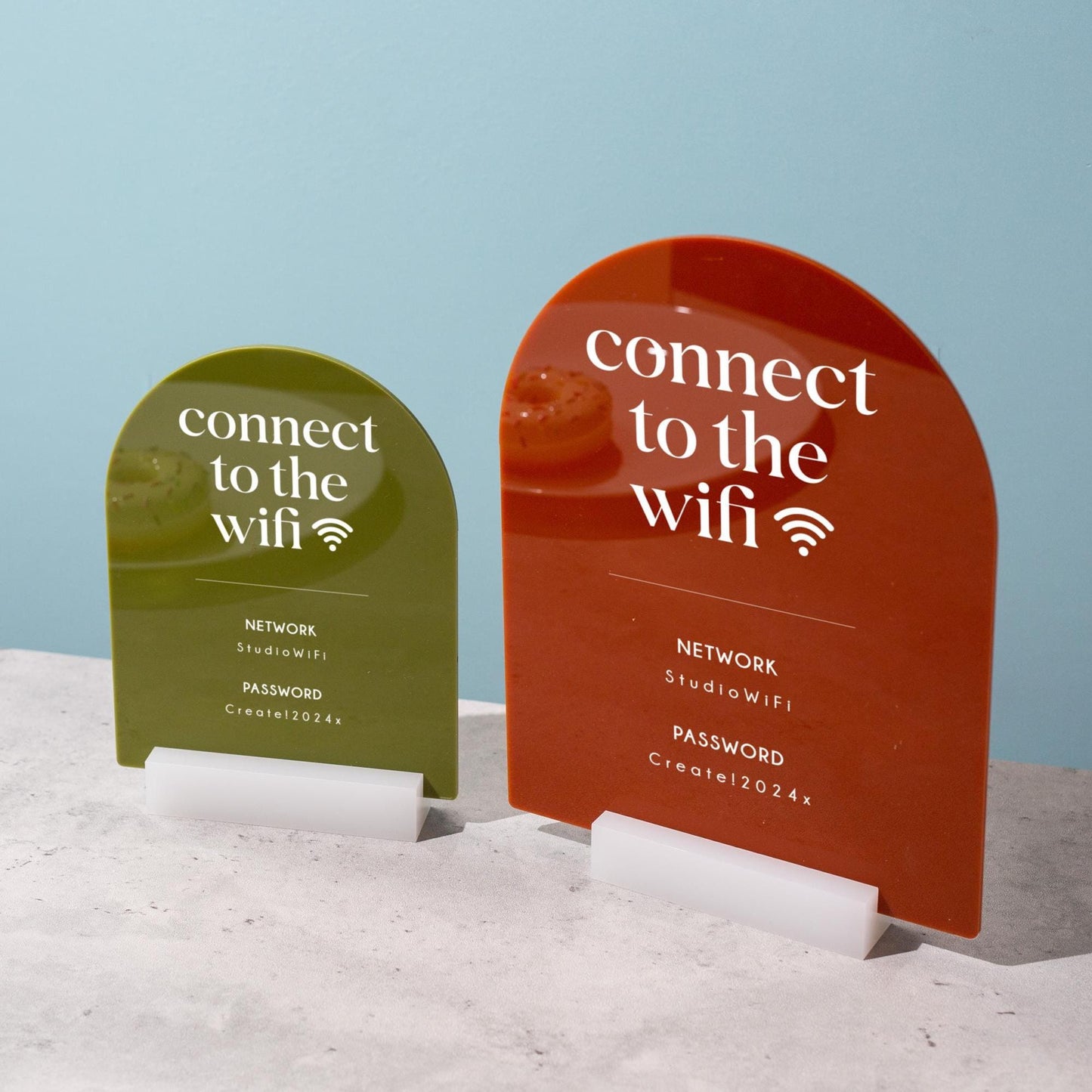 Arch Acrylic Wifi Sign w/ Base (D8) - Custom Wifi Password Display for Home Office Business Shop Airbnb Rental Decor Visitor Login Printed