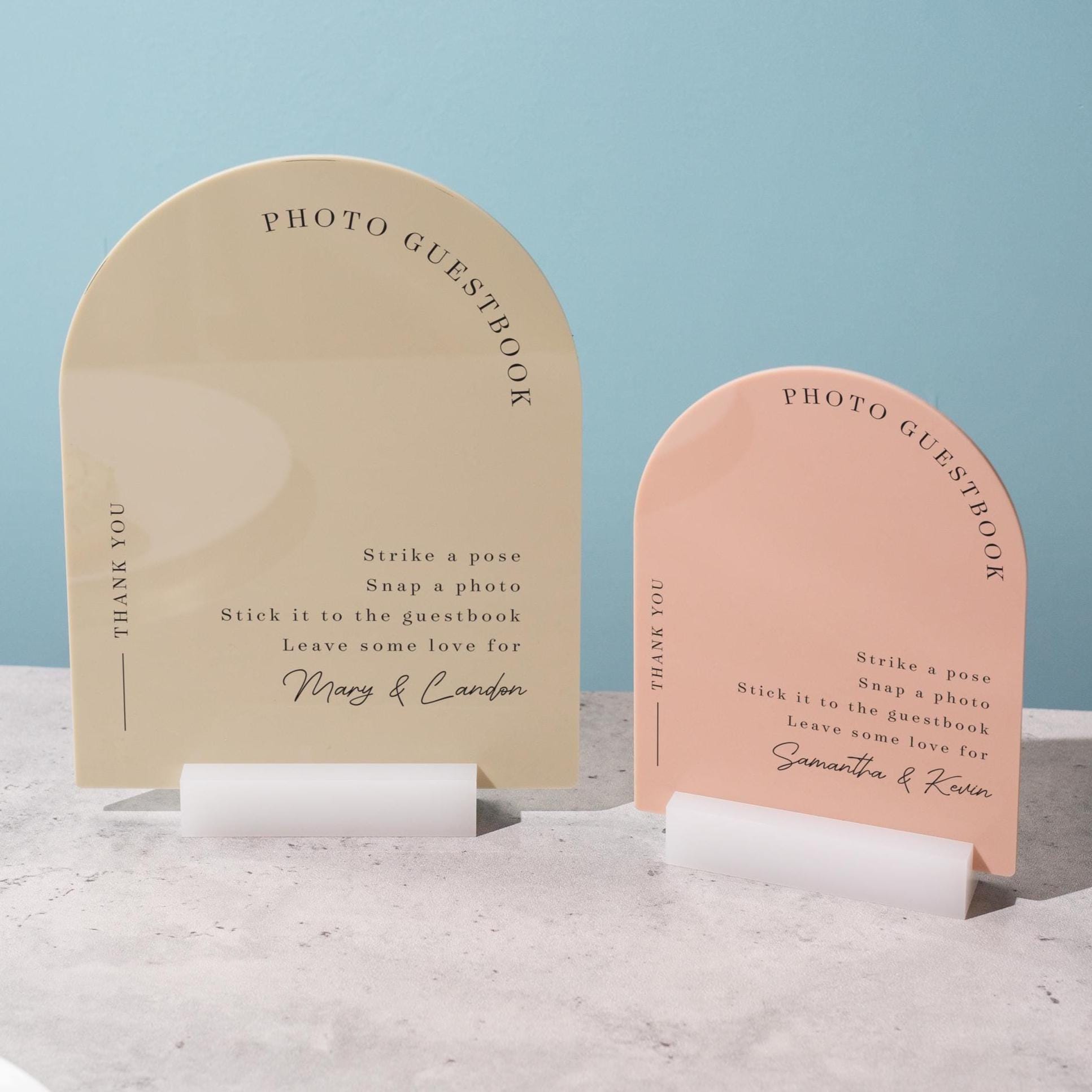 Arch Acrylic Sign w/ Base (D1) - Please Sign Our Photo Guestbook Table Decor Signage, Polaroid Photobooth Display, Wood or Acrylic Stand