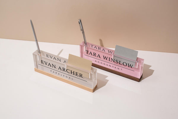 Pastel Acrylic Name Block w/ Slots (D1) - Custom Job Title Plaque Office Desk Pen Business Card Holder Company Staff Sign Doctor CEO Gifts