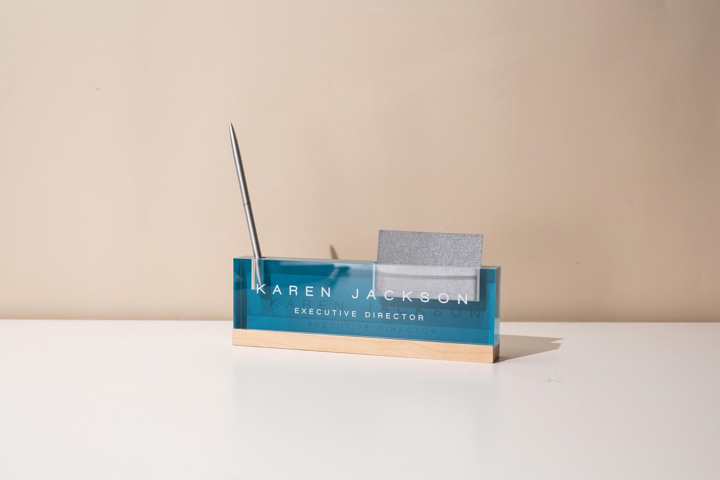 Pastel Acrylic Name Block w/ Slots (D3) - Custom Job Title Plaque Office Desk Pen Business Card Holder Company Staff Sign Doctor CEO Gifts