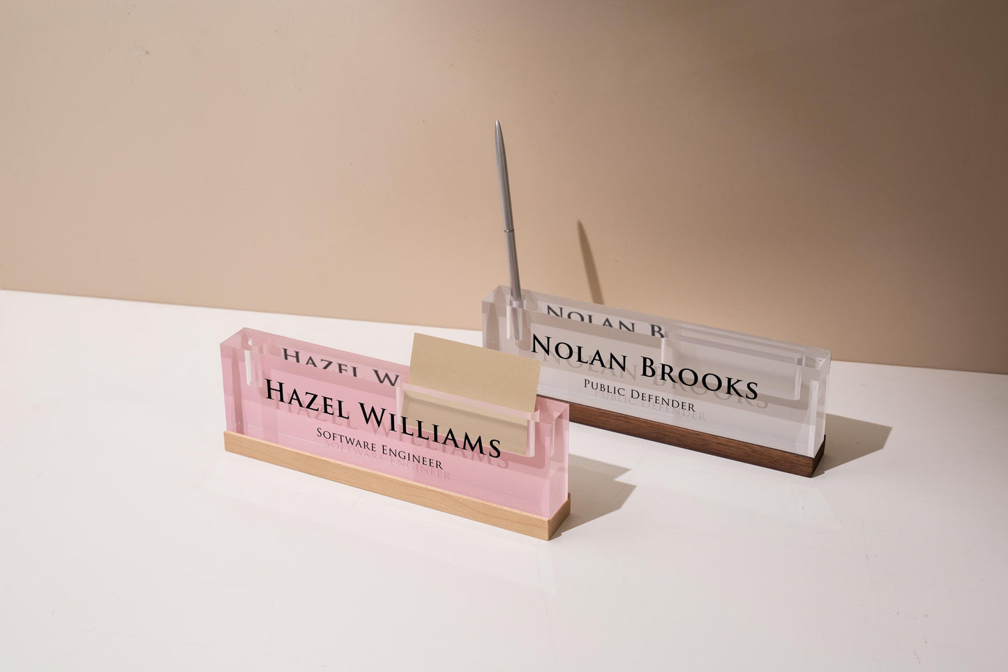 Pastel Acrylic Name Block w/ Slots (D4) - Custom Job Title Plaque Office Desk Pen Business Card Holder Company Staff Sign Doctor CEO Gifts